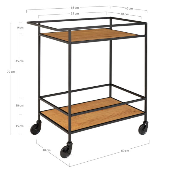 House Nordic - Vita Barwagen – Barwagen mit 2 Ablagen, Eichenoptik, schwarzer Rahmen 68x40x79 cm – Bild 6
