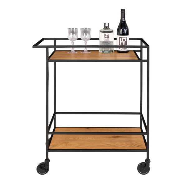 House Nordic - Vita Barwagen – Barwagen mit 2 Ablagen, Eichenoptik, schwarzer Rahmen 68x40x79 cm – Bild 4