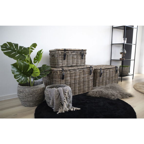 House Nordic - Depok Aufbewahrungskoffer – Aufbewahrungskoffer, Kubu-Rattan, Ledergriff, grau, 3er-Set – Bild 2