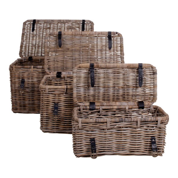 House Nordic - Depok Aufbewahrungskoffer – Aufbewahrungskoffer, Kubu-Rattan, Ledergriff, grau, 3er-Set – Bild 3