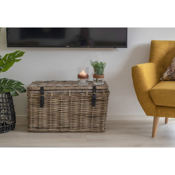 House Nordic - Depok Aufbewahrungskoffer – Aufbewahrungskoffer, Kubu-Rattan, Ledergriff, grau, 3er-Set – Bild 7