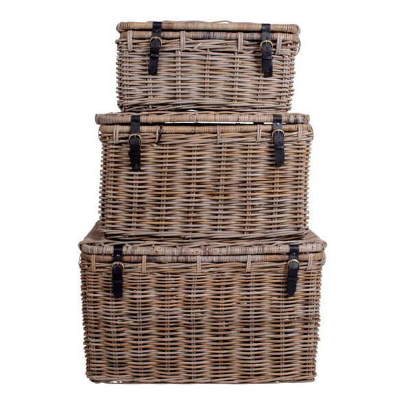 House Nordic - Depok Aufbewahrungskoffer – Aufbewahrungskoffer, Kubu-Rattan, Ledergriff, grau, 3er-Set – Bild 4