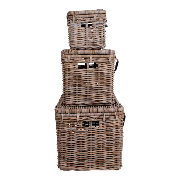 House Nordic - Depok Aufbewahrungskoffer – Aufbewahrungskoffer, Kubu-Rattan, Ledergriff, grau, 3er-Set – Bild 5