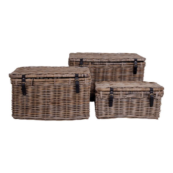 House Nordic - Depok Aufbewahrungskoffer – Aufbewahrungskoffer, Kubu-Rattan, Ledergriff, grau, 3er-Set