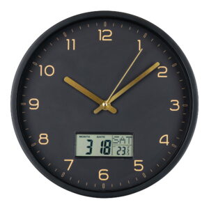 House Nordic - Amiens Wall - Wanduhr mit Digitalanzeige, Kunststoff, schwarz, geräuschloses Uhrwerk ø25 cm
