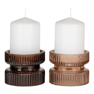 House Nordic - Kerzenhalter, 2er-Set - Kerzenhalter, Glas, Bernstein/Braun, wendbar für Teelicht und Stumpenkerze, ø9x7 cm, 2er-Set