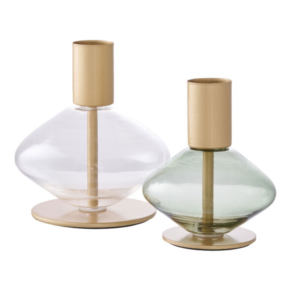 House Nordic - Kerzenhalter – Kerzenhalter, Glas/Metall, klar/grün, 2er-Set
