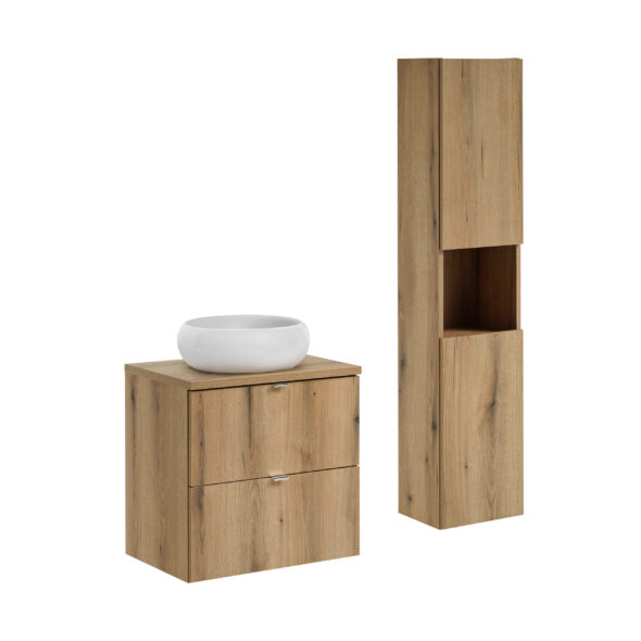60 cm großes Möbelset mit einer Arbeitsplatte, einem Wiki-Aufsatzwaschbecken und einem Hochschrank