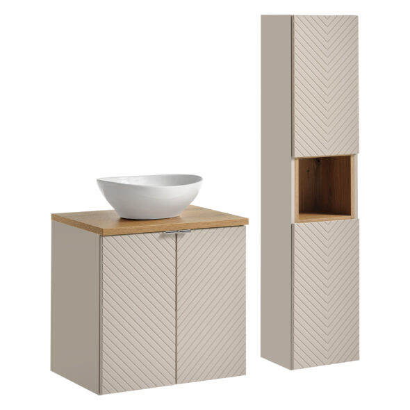 60 cm großes Möbelset mit einer Arbeitsplatte, einem Lola-Aufsatzwaschbecken und einem Hochschrank