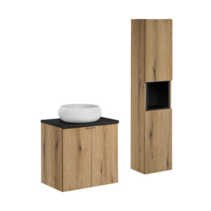 60 cm großes Möbelset mit einer Arbeitsplatte, einem Wiki-Aufsatzwaschbecken und einem Hochschrank